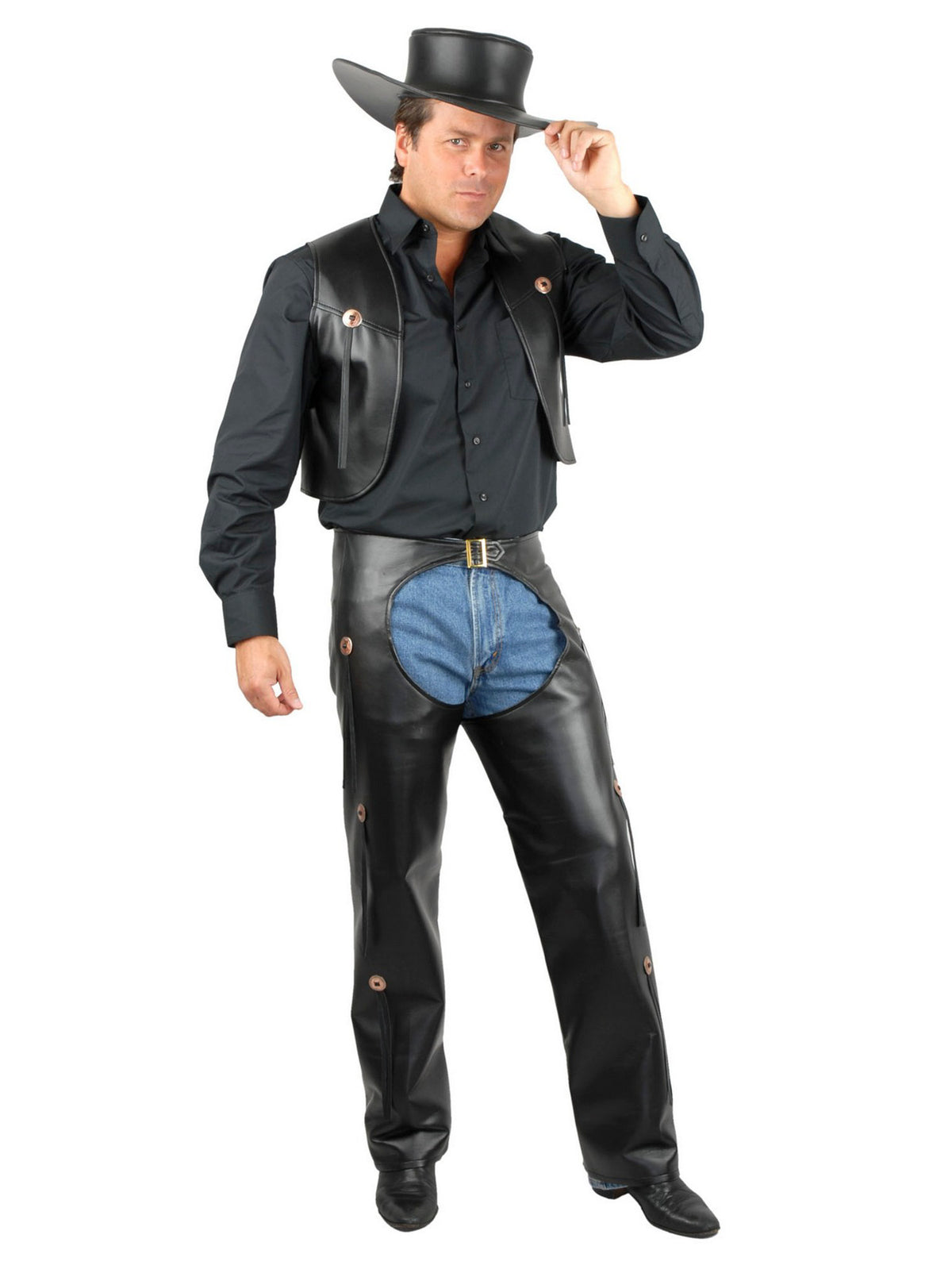 Mens Black Chaps and Vest (Leather) — Costume Super Center