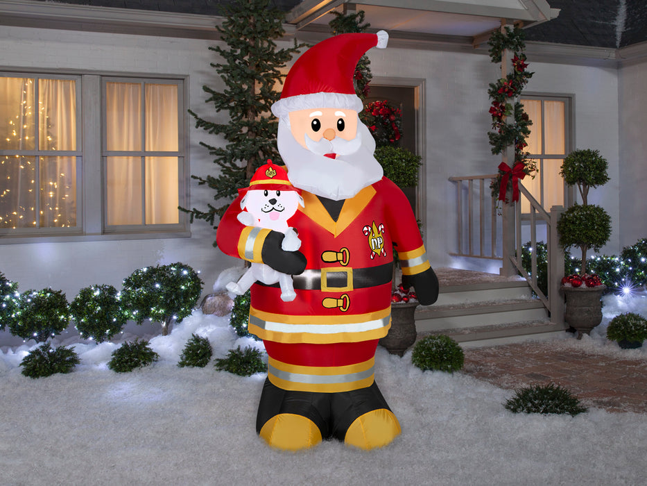 7 Foot Firefighter Santa Light Up Christmas Inflatable Lawn Decoration - costumesupercenter.com