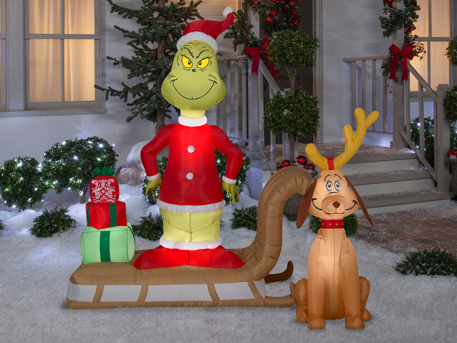 6 Foot Dr. Seuss The Grinch Sleigh Scene Light Up Christmas Inflatable Lawn Decoration - costumesupercenter.com